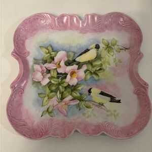 Vintage Pink Floral Yellow Goldfinch Birds Hand Painted Signed Platter Tray 13”